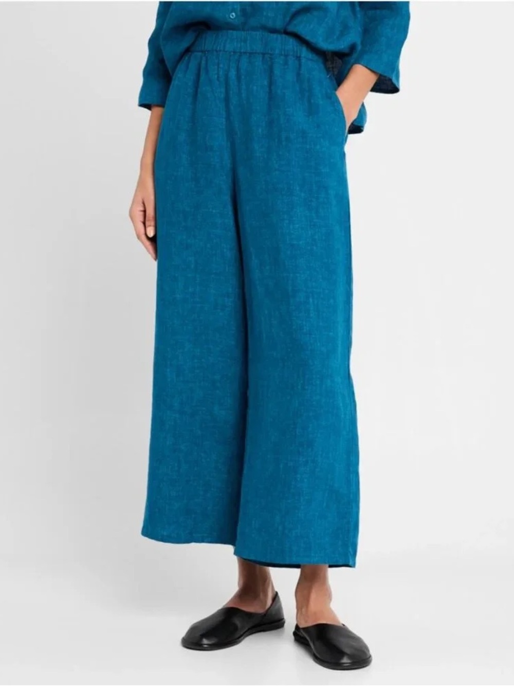 Eileen Fisher 100% Linen Cropped Wide Leg Pull On Pants Pockets Women’s XL
